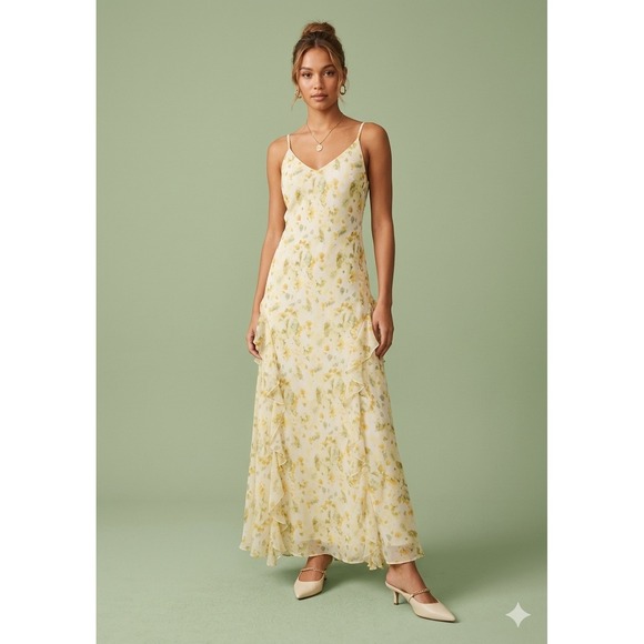 Forever 21 Dresses & Skirts - Forever 21 Floral Maxi Slip Dress Size Lg Yellow Green Ruffle Chiffon Ethereal